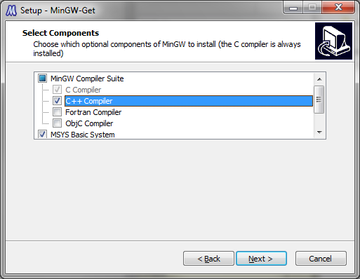 Select the latest versionCreate a start menu entrySelect "C++ Compiler" and "MSYS Basic System"